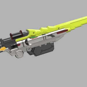 Puede incluir: Una espada futurista de estilo negro y amarillo con un mango plateado y negro. La hoja está parcialmente extendida y tiene una punta amarilla.