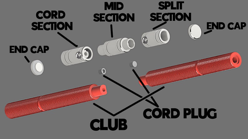 Puede incluir: Un club rojo desmontado con un enchufe de cable, una secci&oacute;n dividida, una secci&oacute;n media, una secci&oacute;n de cable y una tapa de extremo. El club est&aacute; hecho de goma roja con una superficie texturizada.