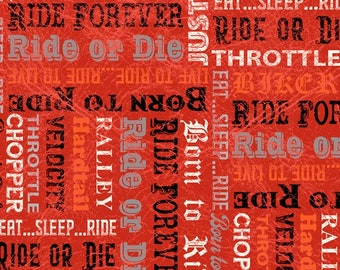 Born to Ride, Biker Words, Red, Vintage Motorcycles, designed by Rosemarie Lavin for Windham Fabrics, 52243-5