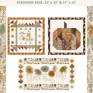 May include: Windfall pillow bundle pattern featuring three designs: a square pumpkin motif with the text Hello Pumpkin, a large geometric pumpkin, and a rectangular sunflower arrangement. Finished sizes are 56 cm by 56 cm and 69 cm by 38 cm.