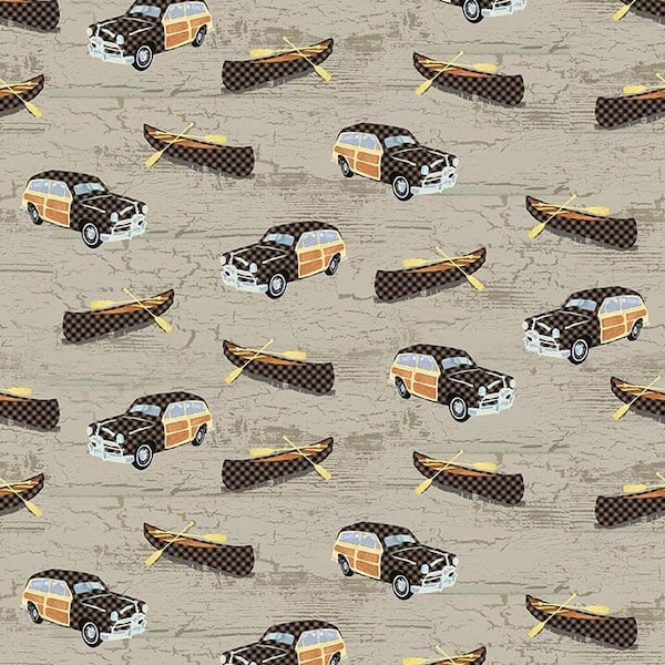 Canoes and Cars, Beige, Q-1693-33, Twilight Lake Collection from Henry Glass Fabrics.  Outdoor, Lake, Forest