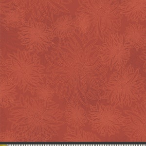 May include: Red fabric with a white floral pattern. The flowers are stylized and resemble chrysanthemums. The fabric is textured and has a subtle sheen.