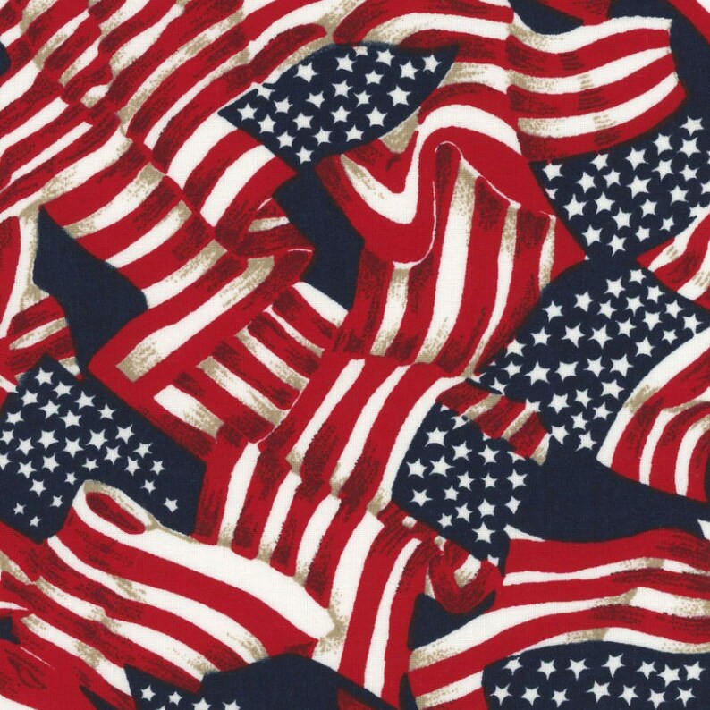 Patriotic Prints by Galaxy Fabrics for Maywood Studio Americana Patriotic White and Blue Red Tossed Flags Stars
