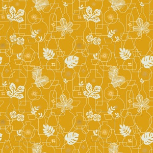 May include: A seamless pattern featuring white line drawings of vases, leaves, and flowers on a yellow background.