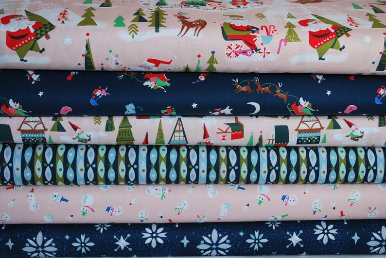 Peach and Navy Blue Santa designed by Jill Howarth for Riley Blake Designs Christmas Fabric Bundle Way Up North
