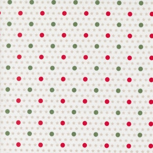 May include: A fabric pattern featuring a repeating design of red and green polka dots interspersed with small, light gray stars on a cream-colored background. The dots and stars are evenly spaced.