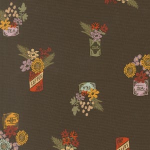 May include: A dark brown fabric featuring a repeating pattern of illustrated floral arrangements in various containers. Some containers are labeled with the text "tea" or "coffee" in a simple font, surrounded by colorful flowers and greenery.