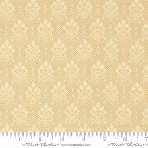 May include: Close-up of a fabric with a repeating floral lace pattern in a light beige color. The design features a delicate, openwork texture with a grid-like background. The fabric is measured in inches.