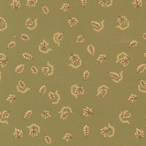May include: A sage green fabric featuring a repeating pattern of small, dark brown leaves and delicate, curved vine-like sprigs scattered across the surface. The textile has a visible woven texture with a consistent, evenly spaced botanical print.
