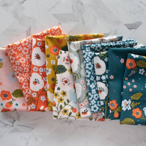 Margot by Kristen Balouch for  Birch Fabrics, 1/2 yard Bundle 10 pieces, 18" x 43" Organic cotton.  Floral, Organic Unbleached Cotton Poplin