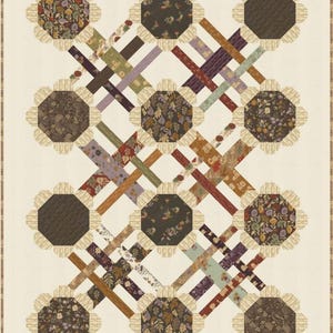 May include: A quilt featuring a grid of octagonal blocks with diverse floral and leaf patterns in shades of brown, cream, and muted earth tones. The blocks are connected by intersecting diagonal strips in various prints, all set against a cream background.