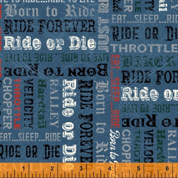 Born to Ride, Biker Words, Denim Blue, Vintage Motorcycles, designed by Rosemarie Lavin for Windham Fabrics, 52243-4