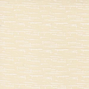 May include: A light beige fabric featuring a repeating pattern of horizontal white dashed lines and small vertical marks. The design consists of thin, broken strokes arranged in rows across the surface, creating a textured appearance on the textile.