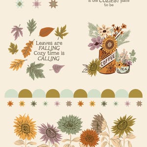 May include: A collection of autumn-themed illustrations featuring pumpkins with "Hello PUMPKIN" text, a stack of books with "between the pages of a book is the COZIEST place to be" text, falling leaves with "Leaves are FALLING Cozy time is CALLING" text, coffee and tea mugs with flowers, and a row of sunflowers.