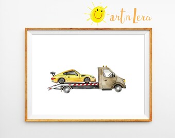 Watercolor tow truck and sport car print boys room decor