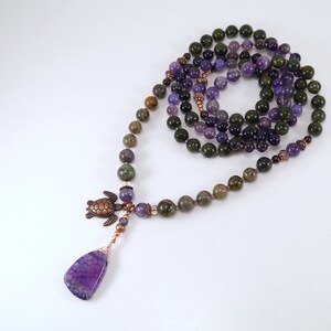 Amethyst Mala: Purple Fire Agate, Green Jasper 108 Bead Rosary with Copper Turtle