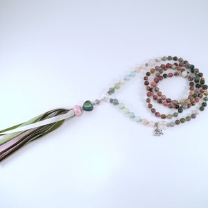Handmade Rhodonite Mala: Moss Agate, Morganite, Rose Quartz, Buddhist Rosary
