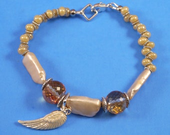 Freshwater Pearl Bracelet Crystal Bracelet Gift Silver and Pearl Bracelet Enameled Angel Wing Charm Gift Boho Bracelet Handmade Gift For Her