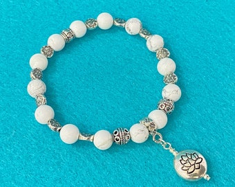 Yoga Statement Lotus Bracelet White Turquoise Stretch Bracelet White Stone Bead Bracelet Silver Gift Stretch Bracelet Handmade Gift For Her