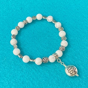 Yoga Statement Lotus Bracelet White Turquoise Stretch Bracelet White Stone Bead Bracelet Silver Gift Stretch Bracelet Handmade Gift For Her image 1