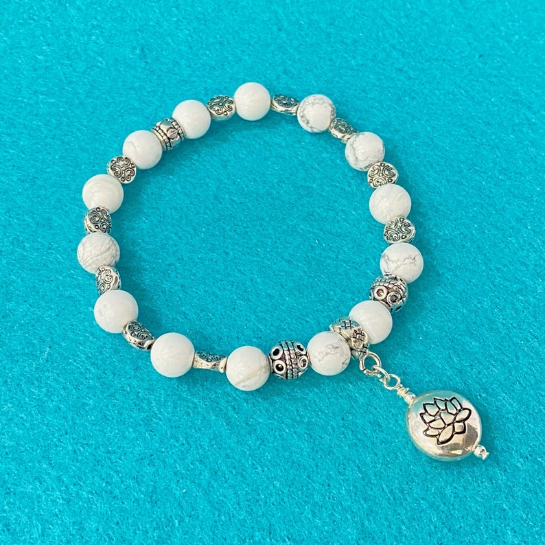Yoga Statement Lotus Bracelet White Turquoise Stretch Bracelet White Stone Bead Bracelet Silver Gift Stretch Bracelet Handmade Gift For Her image 1