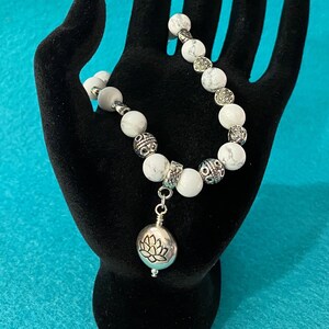 Yoga Statement Lotus Bracelet White Turquoise Stretch Bracelet White Stone Bead Bracelet Silver Gift Stretch Bracelet Handmade Gift For Her image 4