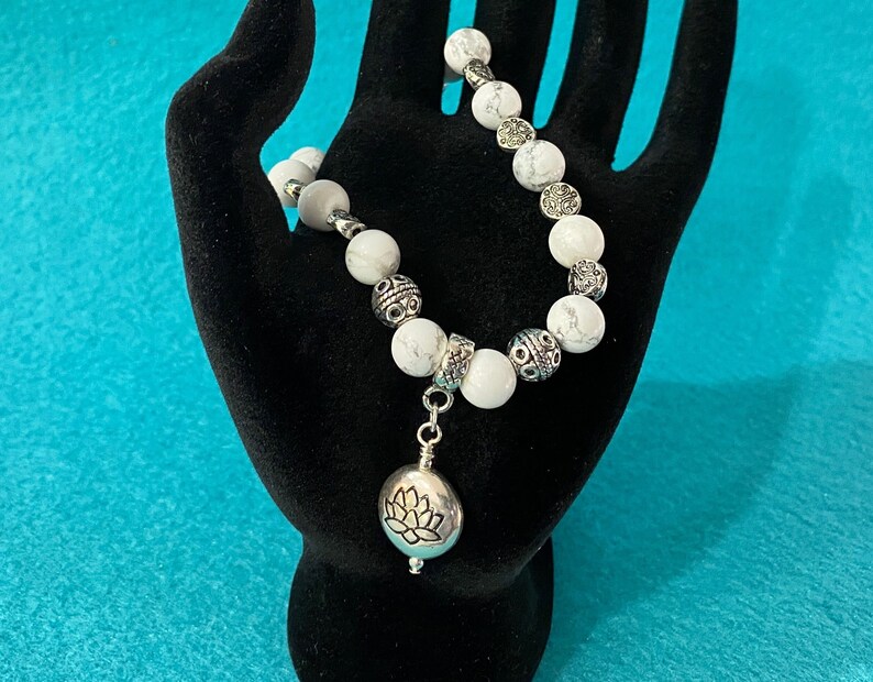 Yoga Statement Lotus Bracelet White Turquoise Stretch Bracelet White Stone Bead Bracelet Silver Gift Stretch Bracelet Handmade Gift For Her image 4