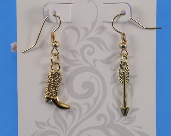 Cowgirl Power Earring 14K Gold Earring Western Boot and Arrow Charm Jewellery Dangle Drop Earring Gift Arrow Earring Handmade Gift For Her