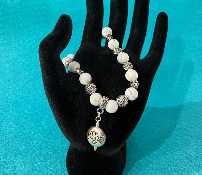 Yoga Statement Lotus Bracelet White Turquoise Stretch Bracelet White Stone Bead Bracelet Silver Gift Stretch Bracelet Handmade Gift For Her image 7