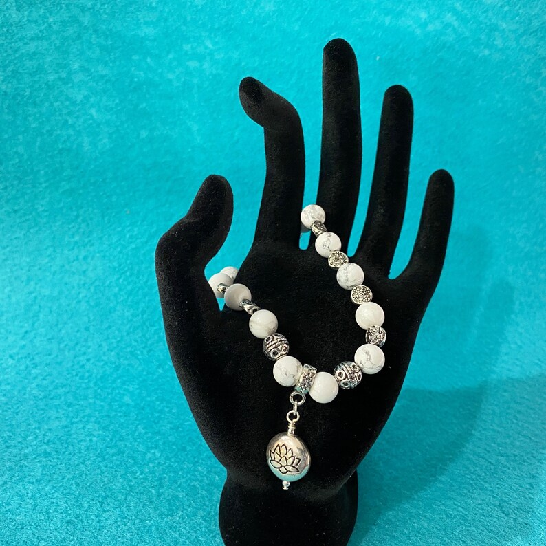 Yoga Statement Lotus Bracelet White Turquoise Stretch Bracelet White Stone Bead Bracelet Silver Gift Stretch Bracelet Handmade Gift For Her image 2