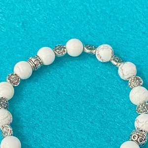 Yoga Statement Lotus Bracelet White Turquoise Stretch Bracelet White Stone Bead Bracelet Silver Gift Stretch Bracelet Handmade Gift For Her image 5