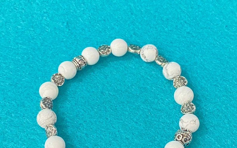 Yoga Statement Lotus Bracelet White Turquoise Stretch Bracelet White Stone Bead Bracelet Silver Gift Stretch Bracelet Handmade Gift For Her image 5