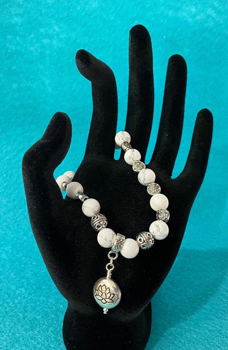 Yoga Statement Lotus Bracelet White Turquoise Stretch Bracelet White Stone Bead Bracelet Silver Gift Stretch Bracelet Handmade Gift For Her image 6