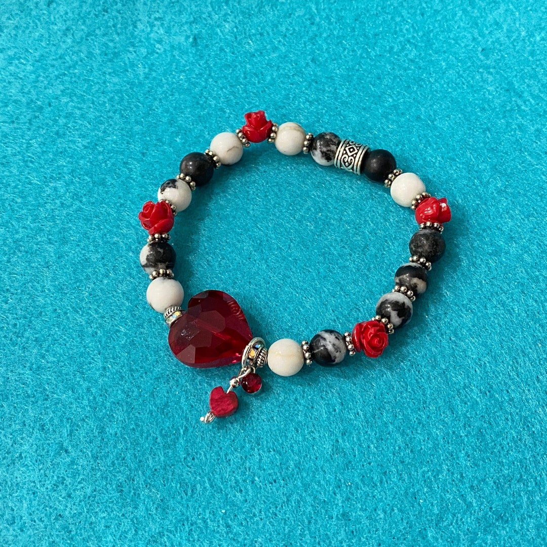 Red and Black Bracelet Red Rose Stretch Bracelet Zebra Stone Beaded