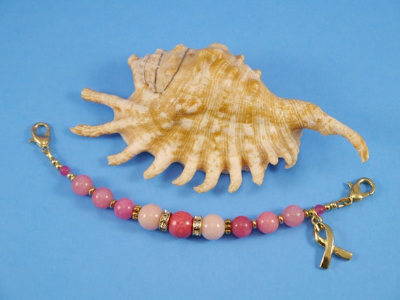 Pink Jade Medical ID Bracelet: Gold Breast Cancer Awareness Charm