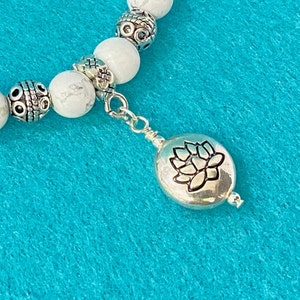 Yoga Statement Lotus Bracelet White Turquoise Stretch Bracelet White Stone Bead Bracelet Silver Gift Stretch Bracelet Handmade Gift For Her image 3