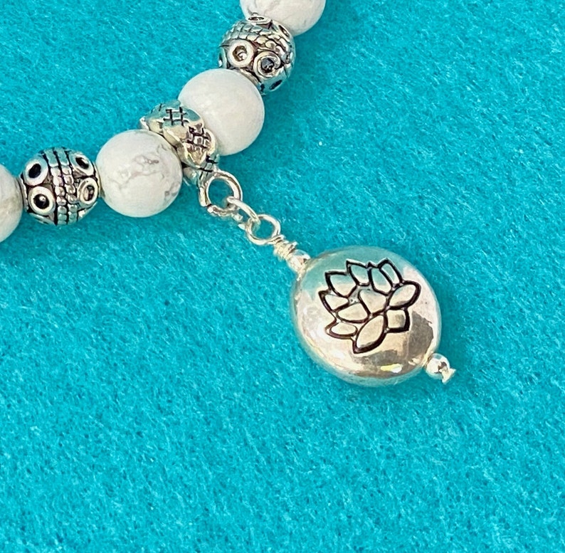 Yoga Statement Lotus Bracelet White Turquoise Stretch Bracelet White Stone Bead Bracelet Silver Gift Stretch Bracelet Handmade Gift For Her image 3