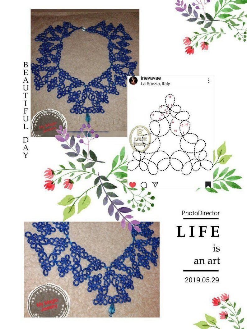 Royal Blue Lace Set Bridal Blue Necklace and Earrings Tat Jewelry Set Tatting Lace Evening Necklace Vintage Blue Lace Gift for Women