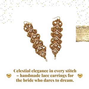 Beige Golden Lace Statement Earrings, Handmade Tatting Jewelry, Elegant 4&quot; Long Earrings, Celestial Bridal Earrings, Luxury Gift for Womans