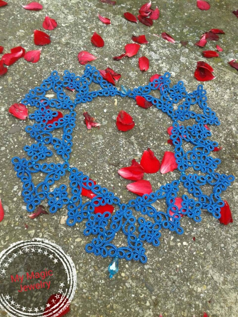 Royal Blue Lace Set Bridal Blue Necklace and Earrings Tat Jewelry Set Tatting Lace Evening Necklace Vintage Blue Lace Gift for Women