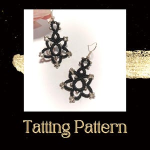 May include: A pair of black tatting earrings with silver beads. The earrings are in the shape of a star with a loop at the top for hanging.
