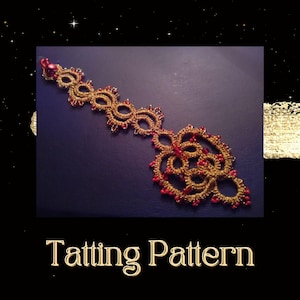 May include: A gold and red tatting pattern with a large circular design at the bottom. The pattern is made with fine thread and small beads.
