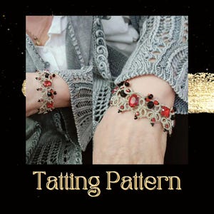 May include: Two bracelets made with tatting, a type of lace making. The bracelets are made with white thread and feature red and black beads. The text "Tatting Pattern" is displayed below the bracelets.