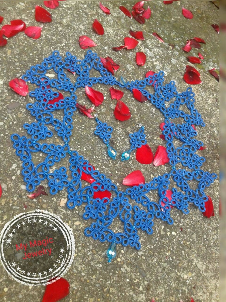 Royal Blue Lace Set Bridal Blue Necklace and Earrings Tat Jewelry Set Tatting Lace Evening Necklace Vintage Blue Lace Gift for Women