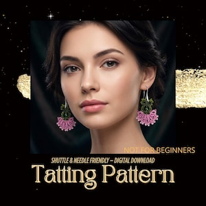 May include: A woman wearing handmade pink and green tatting earrings. The earrings are intricate, with a floral design. The image includes the text "NOT FOR BEGINNERS" and "TATTTING PATTERN". The background is black with gold accents.