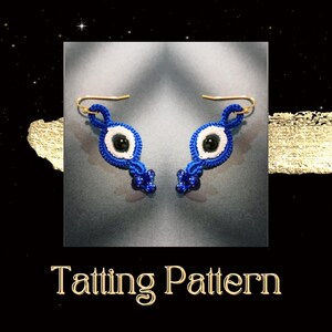 May include: A pair of blue and white crocheted earrings with a black evil eye charm. The earrings are hanging from gold hooks. The earrings are a tatting pattern.