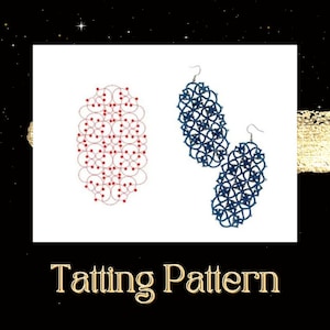 May include: A tatting pattern for earrings. The pattern is shown in red and blue. The earrings are oval shaped and have a delicate lace design.
