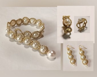 Conjuntos de joyería de boda de encaje de perla blanca de oro para novias, regalo de aniversario de encaje para esposa, conjunto de joyería nupcial estilo regencia único, joyería de encaje