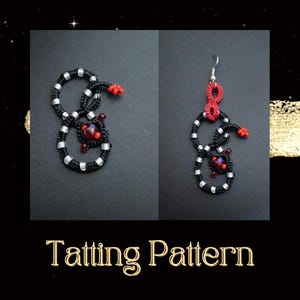 May include: Black and red tatting earrings with silver and red accents. The earrings feature a unique design with a central red jewel and small red beads. The image also includes the text "Tatting Pattern".