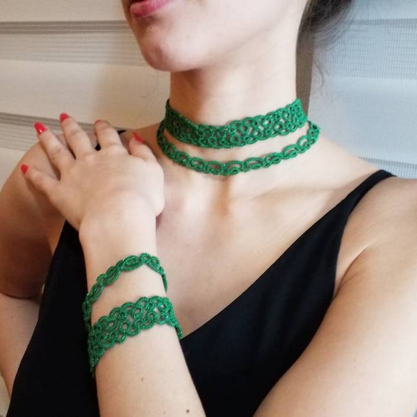 Green Choker Necklace ,  Tatting Bracelet  , Tatting Lace Necklace , Green Frivolite Bracelet , Necklace and Earrings , Jewelry Set for Girl